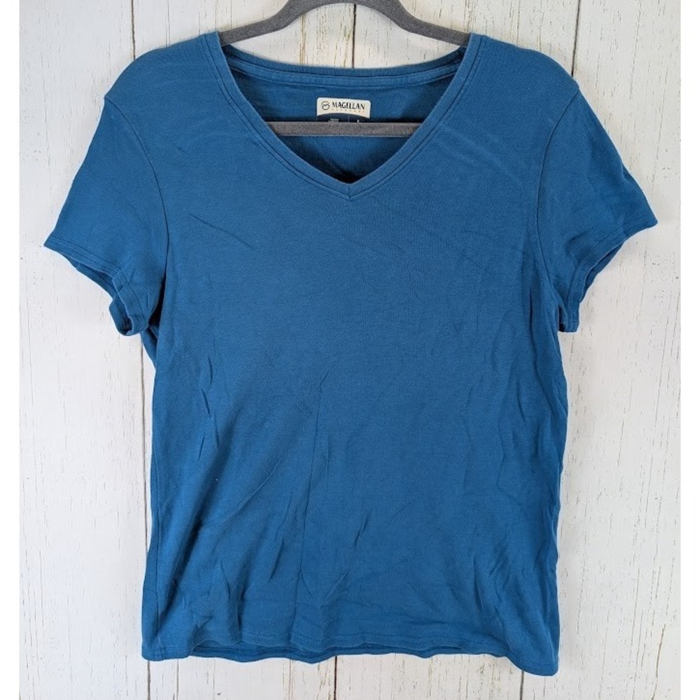 Magellan Outdoors Size Large Blue V‎ Neck Short Sleeve Casual Womens Top